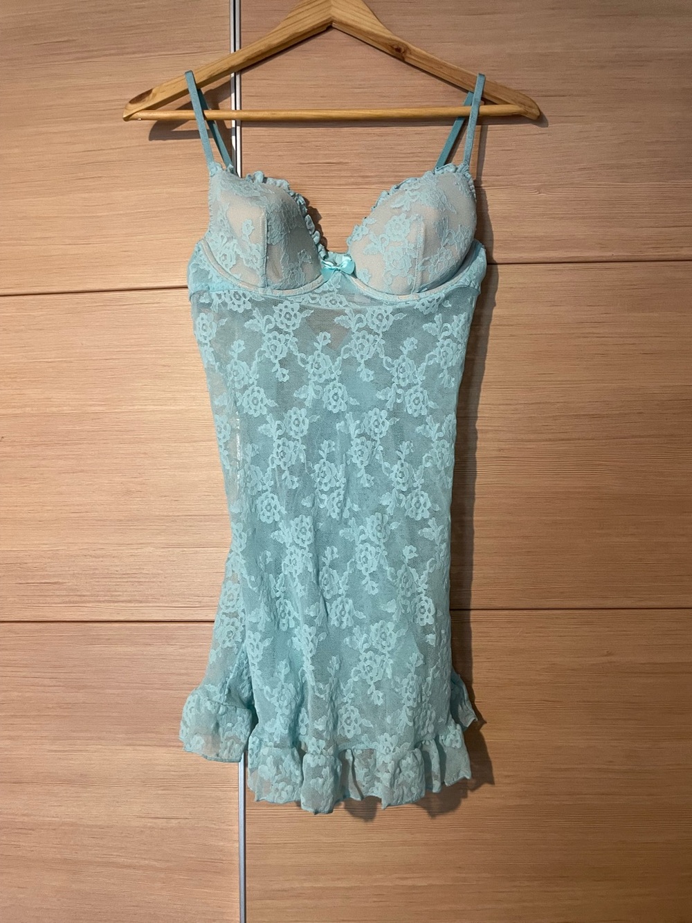 Victoria's Secret Pale Teal Lace Babydoll Chemise with Ruffle Hem
